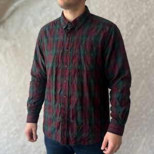 LL Bean Men's Button-Down Plaid Shirt in Burgundy and Forest Green | Size L